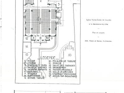Plan et coupes de la construction de l'église Notre-Dame-de-Lourdes 1938